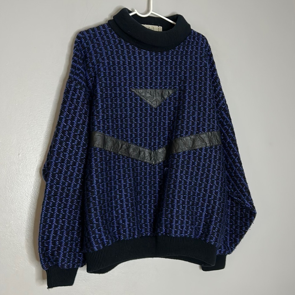 Vintage 1980s acrylic and leather oversized large knit sweater pull over jumper
